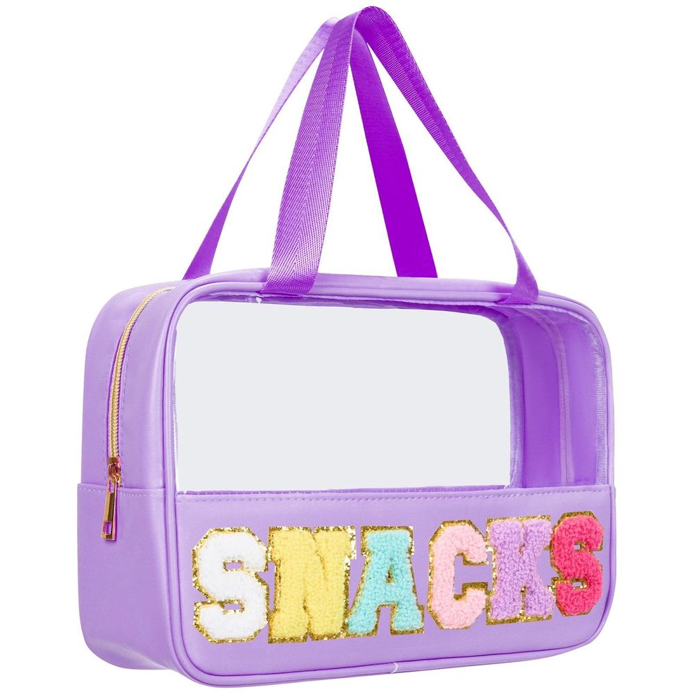 Snack Bags Chenille Letter Patch Clear Bag For Travel, Preppy Cosmetic Bag🙀